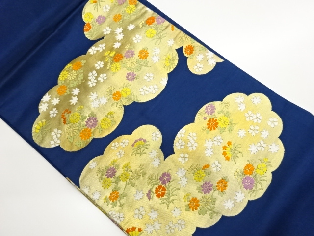 雲取りに草花模様織出し名古屋帯